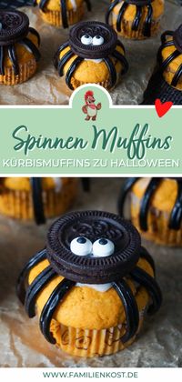 Du suchst Halloween Muffins für deine Halloweenparty? Dann schau dir schnell meine süße Spinnenidee für Kürbismuffins an! Familienkost.de, Halloween Muffins Oreo, Spinnen Muffins Oreo, Halloween Spinnen Muffins, Muffins mit Spinnen, Halloween Rezepte gruselig, Kürbis Muffins Rezept, Kürbis Muffins süß