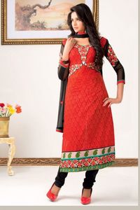 Shop Latest Designer Red Cotton Churidar Suit - DMA12567 for women online  #Designersuit #redcotton #churidarsuit #partywear #womenfashion #shoppingonline