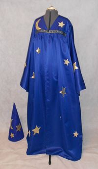 Deluxe Adult Wizards Costume - Cloak and Hat Merlin Style - Renaissance Wizard Costume These are made to order - please check shop message for current production time. This deluxe costume is made from medium weight Matte Satin and has appliqued lame' stars and moons. The front and back also have a beautiful black, blue and gold accent trim. The matching hat is double thick felt and is also appliqued with lame' stars and moon. Please include desired length in notes when ordering. I can make these