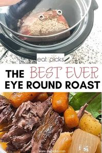 Eye of Round Roast cooked in crock pot is the easiest meal you will ever make! Set beef round roast in a crockpot and cover with onion soup and cook slow for 4 hours. The result is a fork tender roast beef that comes in ready-made au jus. #dinner #comfortfood #crockpot #slowcooker #beefrecipe #easyrecipe