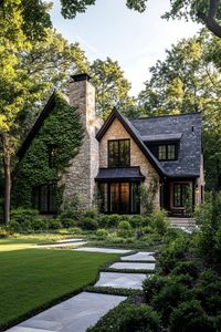 Modern european cottage house with stone siding chimney multi pitched gabled roof with slate tile modern windows with black trim vines on facade. Embrace the cozy charm and character of European cottages, where every stone and beam tells a story worth hearing.