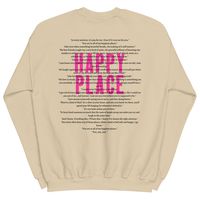 Happy Place Crewneck This purchase is for personal use only. © copyright of Emily Henry * 50% cotton, 50% polyester * Pre-shrunk * Classic fit * 1x1 athletic rib knit collar with spandex * Air-jet spun yarn with a soft feel and reduced pilling * Double-needle stitched collar, shoulders, armholes, cuffs, and hem