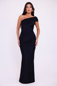 Asymmetrical one-shoulder style. Long maxi dress. Layered neckline. Option to wear it sleeveless or with sleeves. Long sleeves included. Mermaid silhouette. Bodycon fit. 97% polyester, 3% spandex.