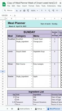 This Ultimate All-In-One Weekly Meal Planner for Google Sheets and Microsoft Excel has everything! With the Weekly Meal Planner, easily plan your weekly menu with all your favorite recipes and a grocery list will be automatically created for you. You can copy the file for the next week to continue planning carefree. Print your self generated grocery list or view it on your smartphone or tablet. #MealPlanning #MealPrep #HealthyEating #HomeCooking #MealPreparation #SimplifyMealTime