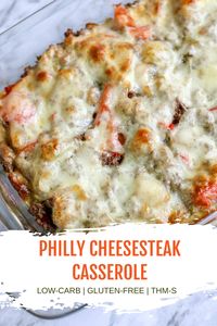 This keto ground beef Philly Cheesesteak casserole makes an easy family dinner, and will quickly become one of your favorite healthy comfort foods! This low carb philly cheesesteak casserole is a simple twist on a classic American favorite, and it is also THM friendly and gluten-free. #ketocasserole #cheesesteak #philly