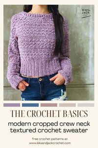 Get this free and easy crochet sweater pattern on our blog. It is made to measure and perfect for the beginner crocheter.  Made to measure means you customize the length of the crop!! The stitch makes this crochet sweater super cozy and the large oversized ribbing at the bottom gives it a modern touch. The crewneck design is customizable. This is a quick and easy design that will have you wearing your own unique one of a kind crochet sweater. Click on the photo to receive your free crochet sweater pattern accessible online. It is a made to measure, size inclusive and beginner friendly crochet pattern. Start making your own beautiful crocheted clothes and wardrobe.