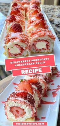 These Luscious Strawberry Shortcake Cheesecake Rolls combine a creamy cheesecake filling with fresh strawberries and a crunchy shortcake layer, wrapped in a delicate crepe or cake roll. Perfect for entertaining!  Ingredients:  8 oz cream cheese 1 ½ cups crushed shortbread cookies 1 cup fresh strawberries A creative and delicious twist on a classic dessert that’s sure to impress!