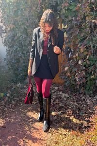 Looking for a new outfit idea for your fall wardrobe? Try this burgundy outfit for your next winery date night.  

Blazer, mini skirt, burgundy tights, burgundy top, burgundy hand bag, knee high boots