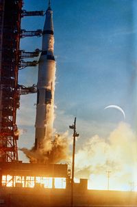 Launch of Apollo 8 lunar orbit missionThe Apollo 8 (Spacecraft 103/Saturn 503) space vehicle is launched from Pad A, Launch Complex 39, Kennedy Space Center, at 7:51 a.m. (EST), December 21, 1968. The crew of the Apollo 8 lunar orbit mission was astronauts Frank Borman, commander; James A. Lovell Jr., command module pilot; and William A. Anders, lunar module pilot. Apollo 8 was the first crewed Saturn V launch and the first human mission to lunar orbit.