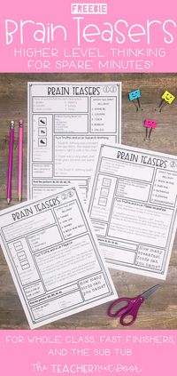 This FREE 3 page sample of Brain Teasers for Transitions are just right for 3rd - 5th grade students! These higher level thinking activities are a lifesaver when you have a few extra minutes before recess or lunch but want to keep students engaged! The Brain Teasers are also included in a 40 page complete set! They work well for the whole class, fast finishers, and for your Sub Tub! #brainteasers #3rdgradebrainteasers #4thgradebrainteasers #5thgradebrainteasers #brainbreaks #upperelementary