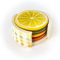 Full of citrus fun, this handcrafted  coaster set has it all from its fun vibrant colors to put a smile on your face, a unique look from its 100% handmade origins, and a strong utilitarian purpose of protecting your tables from those pesky water rings. This coaster set comes with 4 citrus themed coaster, a lime, orange, grapefruit, and lemon coaster, that measure approximately 3 ⅜ inch in diameter, so please measure the bottom of your glasses to make sure the coasters can comfortable accommodate your glasses. Each coaster also has a cork backing to prevent the coaster from slipping out from under your glass and protect your table from potential scratches. The coaster holder measures approximately 4 inches in diameter and 1 ¾  inches tall.  This coaster set is 100% made from hand. To create