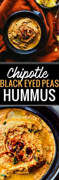 Chipotle Black Eyed Peas Hummus with spicy smokey flavor! A healthy twist on classic hummus with black eyed peas in place of garbanzo beans! Perfect for a snack or appetizer. Easy, vegan, gluten free. www.cottercrunch.com @cottercrunch