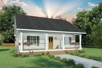 A 5'6"-deep porch spans the entire width (33') of this 2-bed country cottage house plan. Inside, you'll enjoy an open floor plan and 1,084 square feet of heated living. The kitchen has a snack bar with seating for up to three people. If you build on a basement, the main floor laundry gets replaced by a convenient pantry. Each bedroom has a walk-in closet. A shared bathroom is conveniently located for easy access from anywhere in the home.