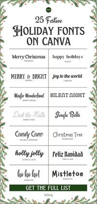 Discover the 25 best holiday fonts on Canva to make your festive designs pop. From crafting holiday cards to creating Pinterest pins and Christmas menus, these fonts will bring warmth and joy to your projects. Find more Christmas fonts, holiday fonts, winter fonts, and Canva Design Ideas for Digital Media at madebymelody.co.