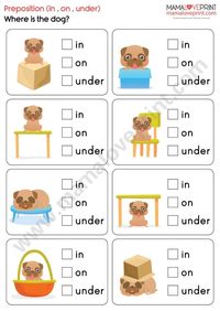 Grade 1 English Worksheets . Prepositions (Level 1 : In, On, Under) (Level 2 : In front of , Behind, Between) PDF Free Download