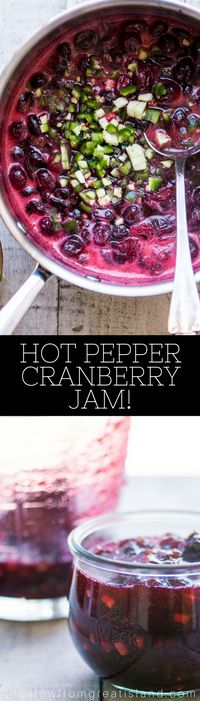 Hot Pepper Cranberry Jam is one of these recipes you just have to try to understand. If you're a fan of hot pepper jelly, this is for you ~ the tart and tangy cranberries marry up perfectly with the heat of the hot pepper for one memorable taste experience. #appetizer #hotpepperjelly #jalapeñojelly #jalapeño #holidayfoodgift #hostessgift #cheeseplate #cheeseandcrackers #savoryjam #spicy #cayenne #Thanksgiving #Christmas #holidayappetizer #cranberries