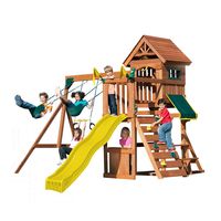 Upgrade your backyard with the Jamboree Fort Play Set by Swing-N-Slide. This wooden swing set is designed for endless outdoor fun and features a durable wooden roof that provides shade and protection from the sun's harmful UV rays. With easy assembly and all premium, pre-cut lumber included, this playset is perfect for