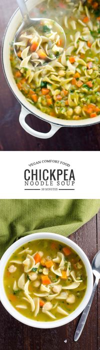 Chickpea noodle soup is vegan comfort food at its finest. Warming, easy to make and ready in 30 minutes.