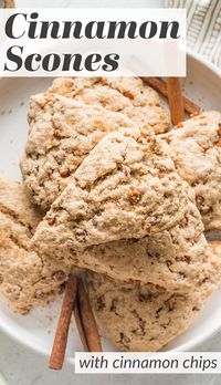 These Cinnamon Scones are buttery, tender, and bursting with warm spices and cinnamon chips. These rival anything from your local coffee shop, are super easy to make, and pair perfectly with morning coffee or afternoon tea.