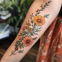 Bright yellow and orange flowers create a cheerful birth month flower tattoo on the forearm, a popular placement choice. This design can easily incorporate family members' names for a truly personalized birth flower bouquet tattoo. Be inspired at inktat2.com.