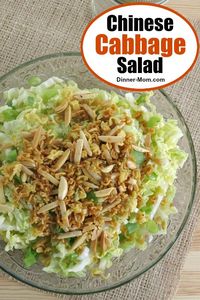 Chinese cabbage salad with a crunchy topping of ramen noodles, slivered almonds and sesame dressing is a potluck favorite! #chinesecabbagesalad