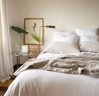 Austin Euro Shams in White, Ines Standard Shams in White, Linen Standard Pillowcases in Fog, Austin Duvet Cover in White, Austin Quilted Coverlet in Fog