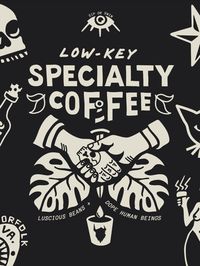 Hand Drawn coffee bag packaging features handshake inspired by traditional tattoos. Black and white, handdrawn with skull and mermaid