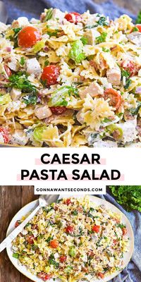 *NEW* Caesar pasta salad has classic Caesar taste with loads of extra flavor. Chicken, bacon, pasta, & veggies are perfectly topped with creamy, tangy dressing! #caesarpastasalad #pasta