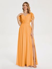 V-neck Pleats Chiffon Wedding Guest Dress with Ruffles