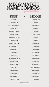 Mix and match name combos: girl edition #babynames #nameideas #firstandmiddlenames