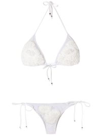 White beaded embroidery bikini set from Amir Slama featuring a triangle top, a back tie fastening, side tie fastenings, beaded embroidery, a stretch fit, an elasticated trim, a lining and fresh touch. This item is true to fit.