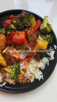 Veggie & Pineapple Sheet Bake with Rice and Spicy Peanut Sauce in 2022 | Healthy snacks recipes, Whole food recipes, Healthy dinner