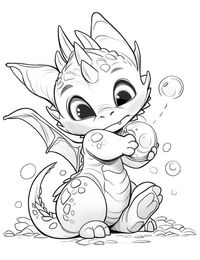 Cute baby dragon playing with bubbles