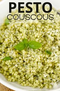 Pesto couscous is one of those simple couscous recipes that make a quick and easy side dish for lots of different meals. I love making couscous recipes like this one because they are fast, and this one is full of flavour using basil pesto to give the couscous a rich taste. I like to use my creamy homemade pesto in this easy side dish, and I love the slightly chewy texture of using pearl couscous for this easy recipe.