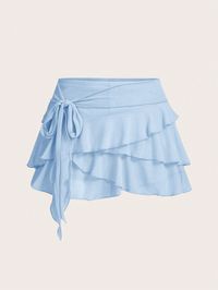 Women's Multi-Layer Ruffle Trim Low Rise Y2K Mini  Skirt Baby Blue Casual   Mesh Fabric Plain Layered/Tiered Slight Stretch  Women Clothing, size features are:Bust: ,Length: ,Sleeve Length: