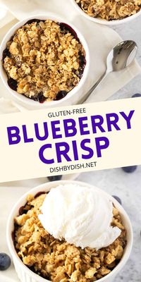 In this gluten-free blueberry crisp, a bed of sweet blueberries is covered with a golden brown and crispy oat topping. Perfect for breakfast, or served as dessert with a scoop of ice cream. Totally dairy-free and vegan too!