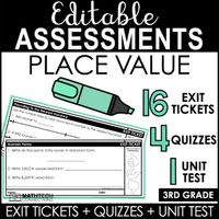 3rd Grade Math Exit Tickets | Third Grade Math Quizzes and Unit TestThis bundle includes 16 editable math exit tickets, 4 quizzes, & 1 unit test that will help you keep track of student progress as you work on place value. *** These printable math assessments are included in our 3rd Grade Guided Math Curriculum, so do not purchase if you own the complete bundle. *** The 16 skills are organized into 4 mini-units:1. Understanding 4 Digit Numbers2. Understanding 5 Digit Numbers3. Comparing &amp