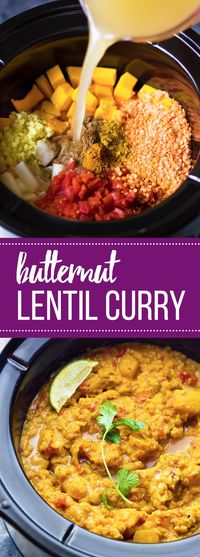 This Slow Cooker Butternut Squash Lentil Curry is a healthy dump and go slow cooker recipe!