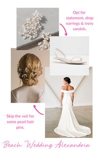 The understated look of our Alexandria gown is perfect for a relaxed beach wedding look or a casual wedding style! Keep the rest of the look romantic and relaxed by opting for sandals (flats for stability outside), and an unstructured updo with pearl hair pin accents in lieu of a traditional veil. Make a statement with bold pearl drop earrings to complete the look!