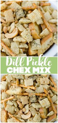 Dill Pickle Chex Mix - the most delicious Chex Mix recipe! Chex cereal, bagel chips, pretzel sticks, and cashews coated in a buttery dill pickle and ranch seasoning and baked until crispy and delicious.