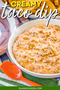 Creamy Taco Dip - only 4 ingredients and it's ready in 5 minutes!!! People go nuts over this easy Mexican dip recipe!! Serve with Fritos, tortilla scoops, celery or bell pepper slices. You might want to double the recipe, this is always the first thing to go!! Great for parties and tailgating. #dip #partyfood #lowcarb #keto