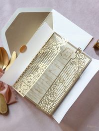 The fabulous Ornamental Gate invitations consists of Vellum Wrap and Laser Cut gates with added foil Speckles and a stunning frame for the Monogram on top of the Gate Card size: 135 x 200mm; (5.3 x 7.8 inch) Material: Cover: Vellum Sleeve + Old Gold Gates Thickness of the paper: Cover: 285 gsm; Insert: 200 gsm; Items: Vellum Wrap+ Day Invitation + Envelopes We offer a wide variety of papers and fonts so if you don't find your colour in the options in the pictures, please contact us.Evening Invit