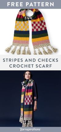 Free crochet pattern in Caron Simply Soft yarn. Free Stripes and Checks Crochet Scarf Pattern. Crochet this easy oversized scarf for a bold fall and winter look. #yarnspirations #caron #caronsimplysoft