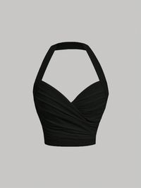 Women's Solid Color Wrap Halter Top Black Sexy   Knitted Fabric Plain Halter Medium Stretch  Women Clothing, size features are:Bust: ,Length: ,Sleeve Length: