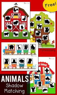 FREE shadow matching printables for toddlers and preschoolers featuring animal themes: farm, zoo train, pet shop, forest/woodland animals. Fun way to practice visual discrimination and increase vocabulary.