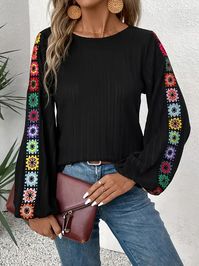 Floral Crochet Crew Neck T shirt Elegant Long Sleeve T shirt - Temu