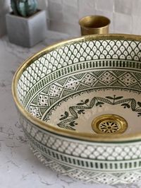 Green Moroccan Ceramic Brass Bowl Vessel Sink | Chairish