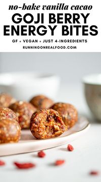 These delicious, sweet and tart goji berry energy balls are easy to make with just 4 simple ingredients. You'll need dates, cashews, goji berries and cacao nibs. This recipe is vegan, gluten-free, oil-free and has no added sugar. Enjoy for a healthy snack or dessert!