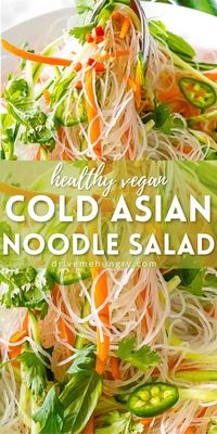 This cold Asian noodle salad is made with vermicelli rice noodles, fresh herbs and vegetables! It’s tossed with a delicious tangy and savory Asian dressing and can be served cold! #noodlesalad #vietnamesenoodlesalad #asiannoodlesalad #asianrecipes #drivemehungry | drivemehungry.com