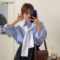 Blouses Women Oversized Shawl Blue Casual Striped Loose College Aesthetic Mujer 2020 New Fashionable Girl Popular Long Sleeve Shirts